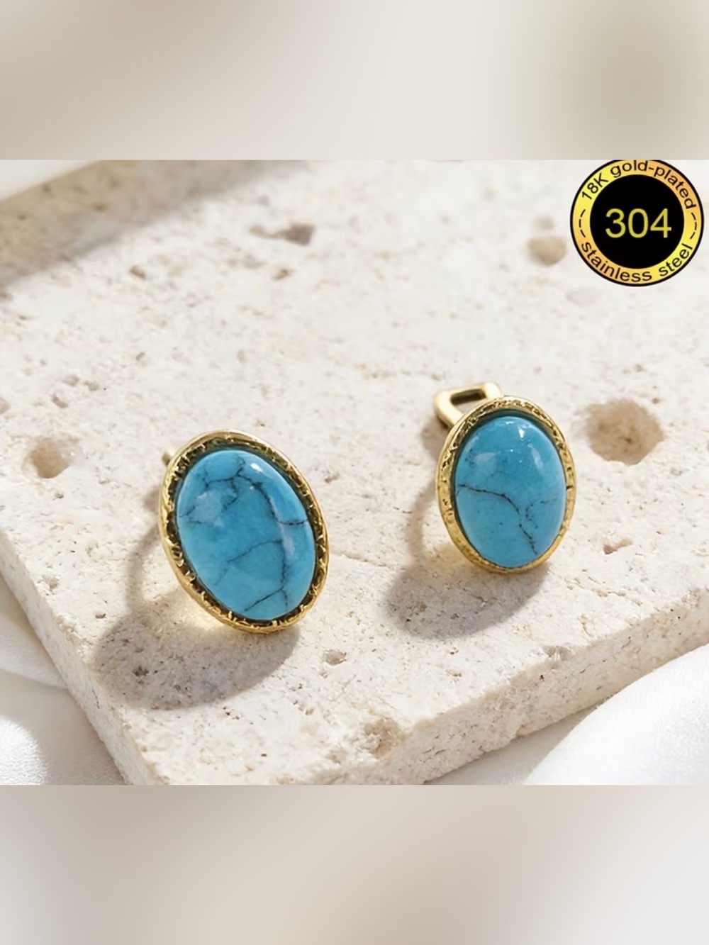 Western Clip On Gold Turquoise Oval Stud Earrings - Women Jewelry